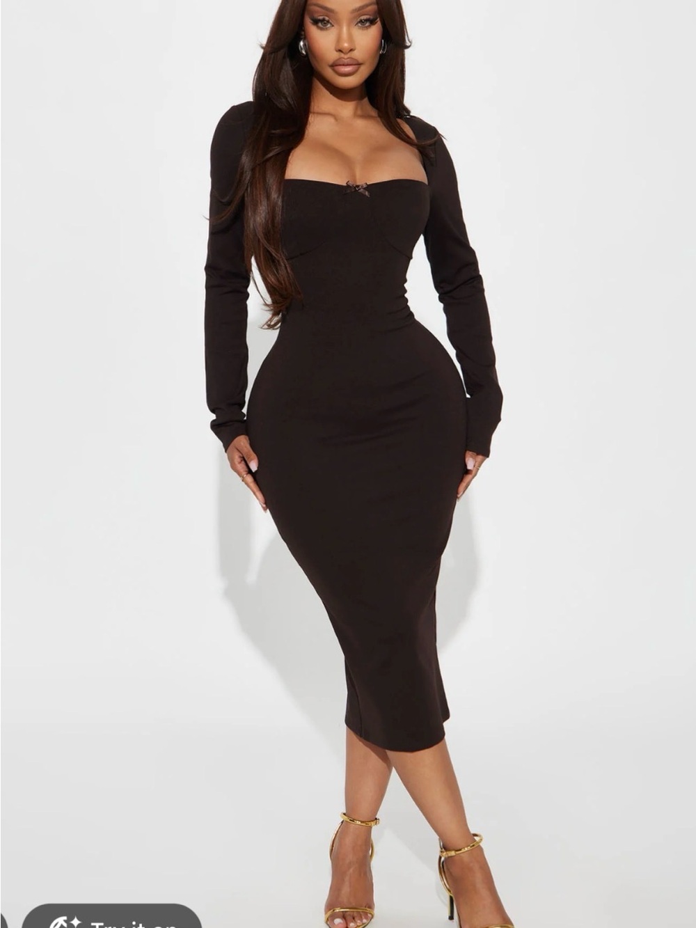 Fashion Nova Black Long Sleeve Square Neck Midi Bodycon Dress